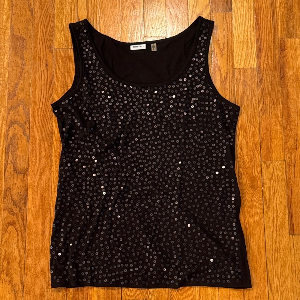 DKNYC Women’s Beaded Sequin Black Sleeveless Tank Top Large